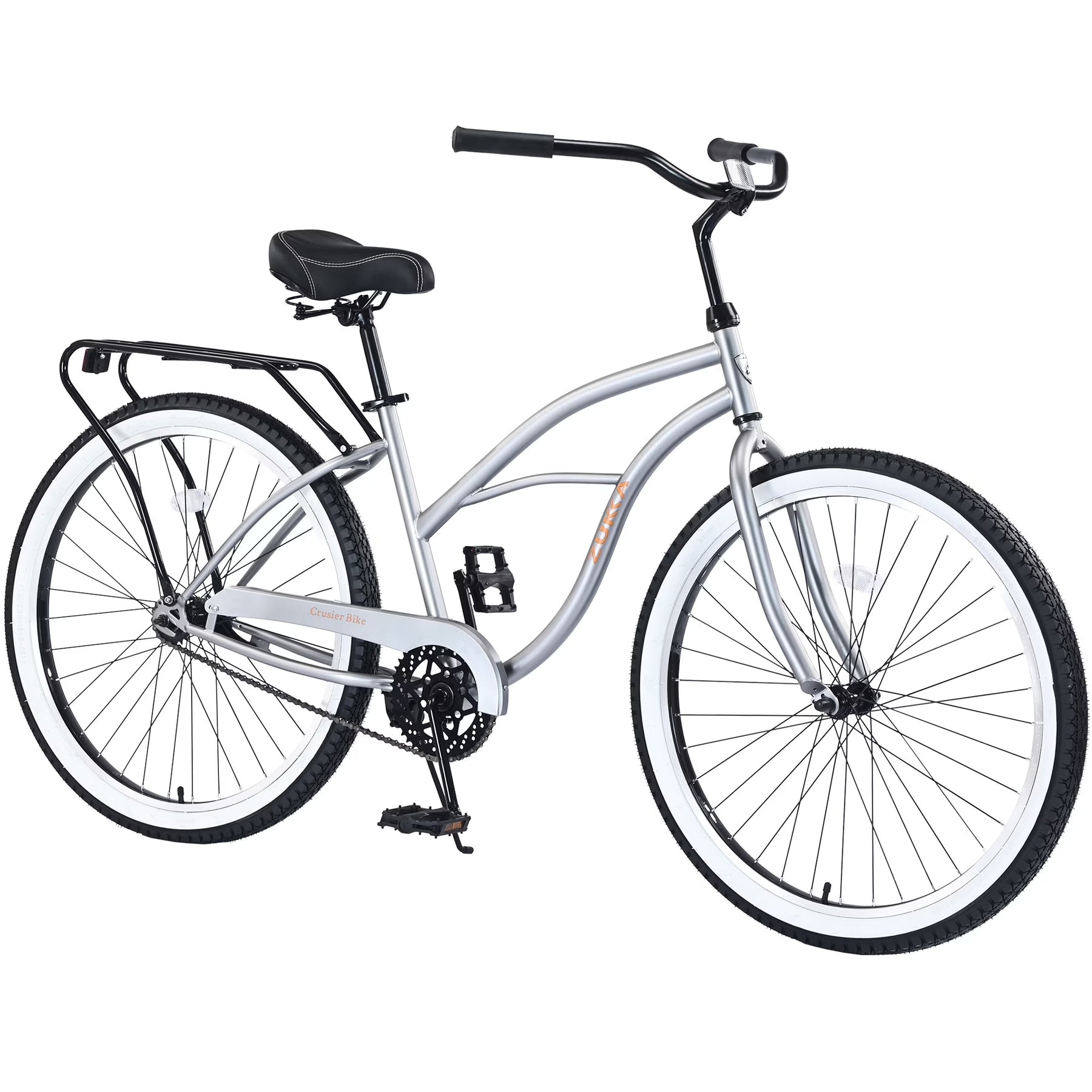 26 in Beach Cruiser Bike, Single Speed Bicycle with Steel Frame, Wide Wheels and Rear Coaster Brakes, Comfortable City Commuter Bike for Adult Men, Silver