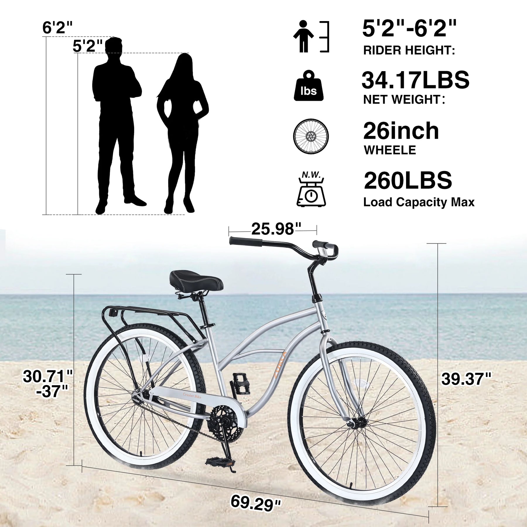 26 in Beach Cruiser Bike, Single Speed Bicycle with Steel Frame, Wide Wheels and Rear Coaster Brakes, Comfortable City Commuter Bike for Adult Men, Silver