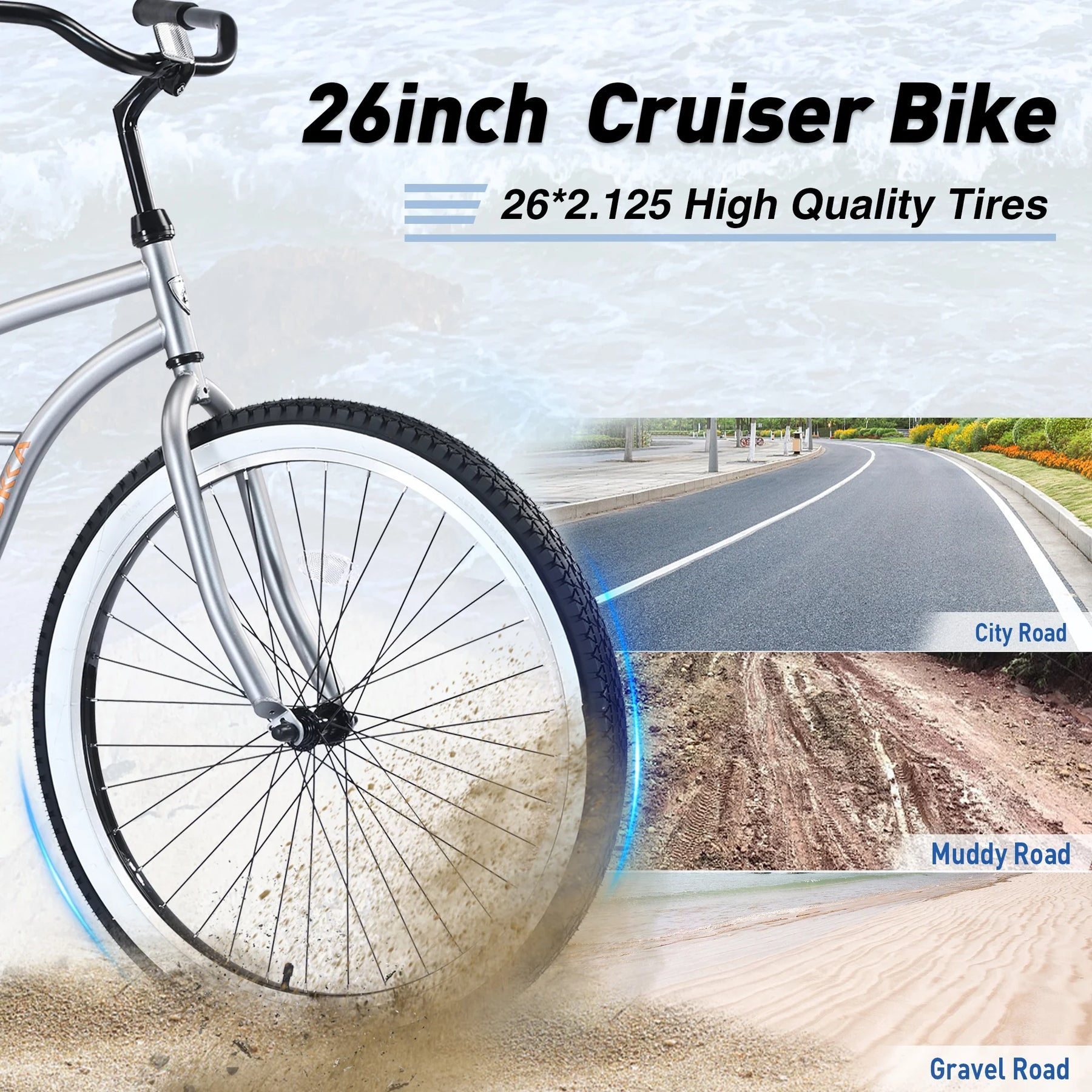 26 in Beach Cruiser Bike, Single Speed Bicycle with Steel Frame, Wide Wheels and Rear Coaster Brakes, Comfortable City Commuter Bike for Adult Men, Silver