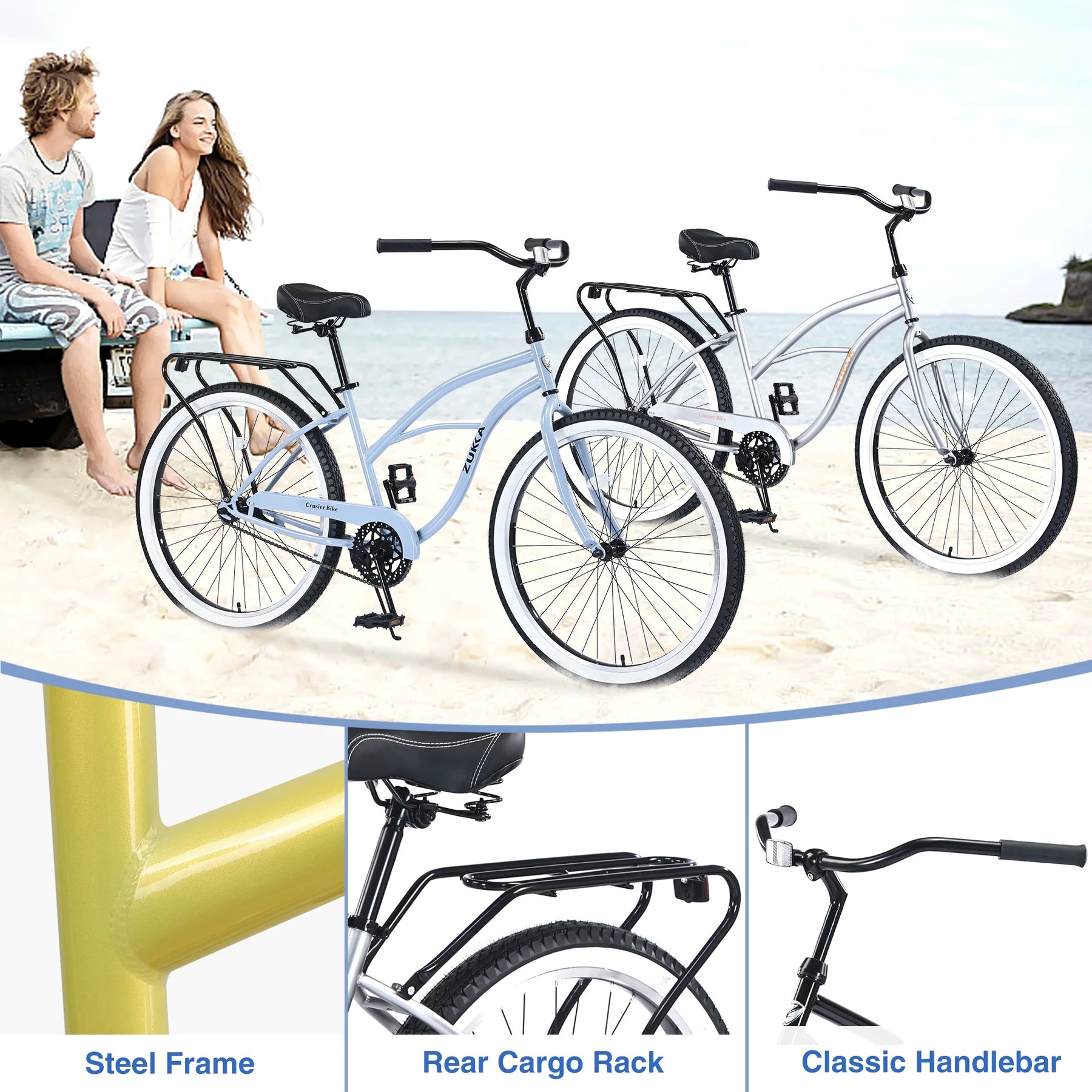 26 in Beach Cruiser Bike, Single Speed Bicycle with Steel Frame, Wide Wheels and Rear Coaster Brakes, Comfortable City Commuter Bike for Adult Men, Silver
