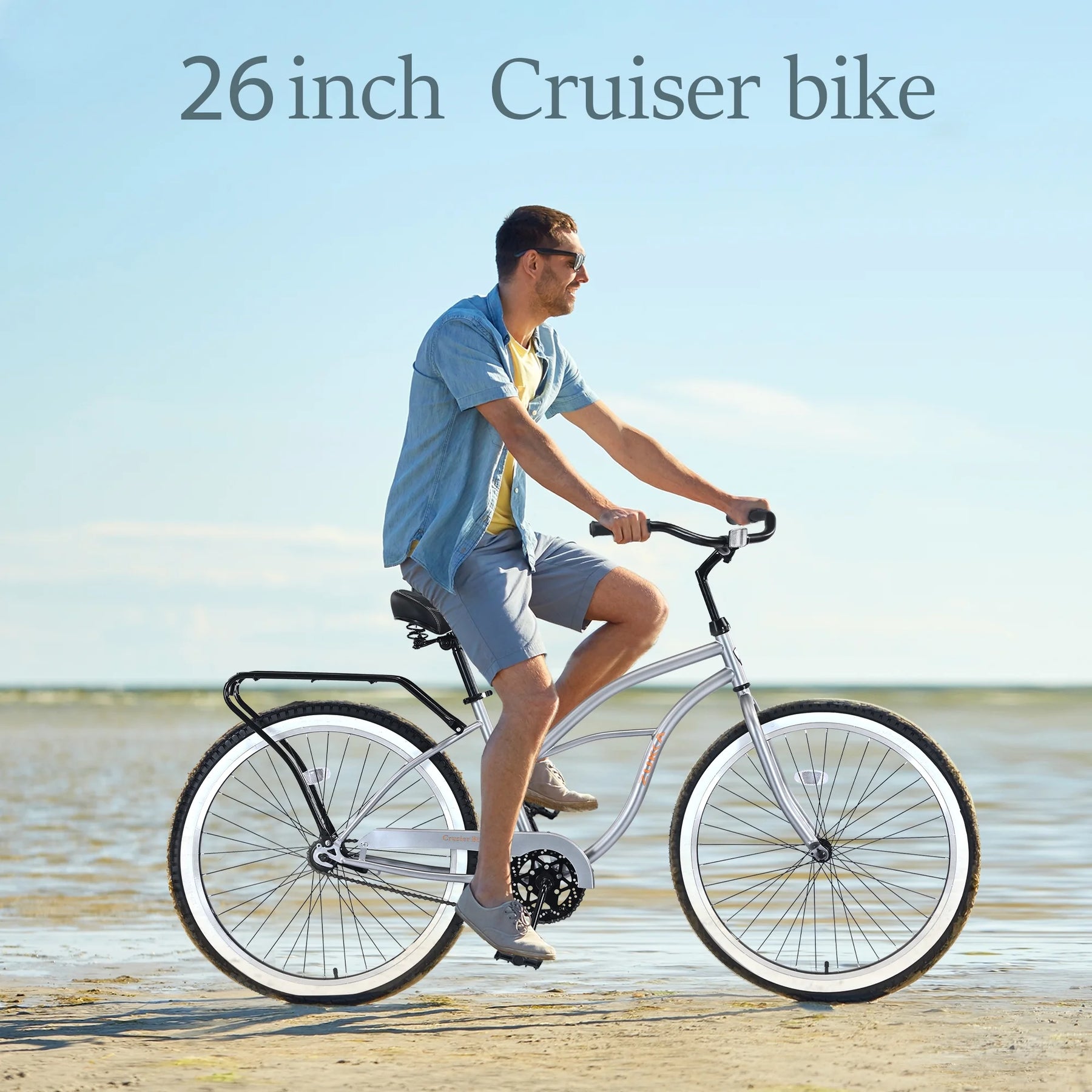 26 in Beach Cruiser Bike, Single Speed Bicycle with Steel Frame, Wide Wheels and Rear Coaster Brakes, Comfortable City Commuter Bike for Adult Men, Silver